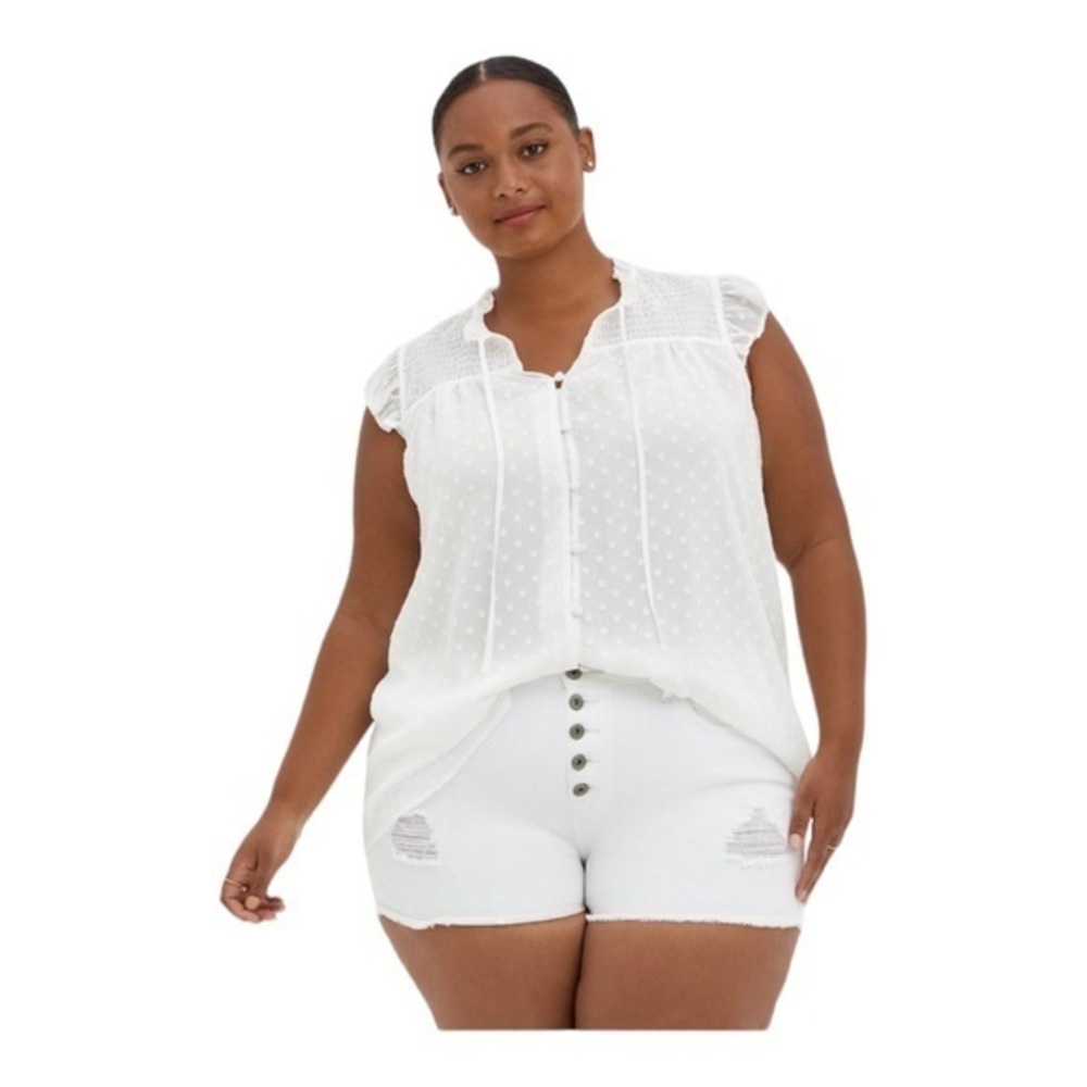 Torrid Chiffon Clip Dot Smocked Ruffle Trim Top White Size 1